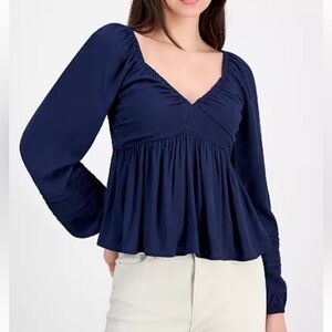 Self Esteem Ruched V- Neck Lace-Insert Navy Blouse Junior’s Medium Baby Doll New